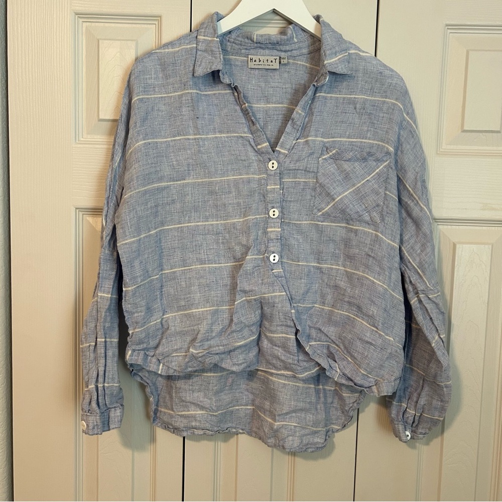 Habitat Blue Striped Buttoned Twist Botton 100% Linen Shirt Blouse Top Sz Large